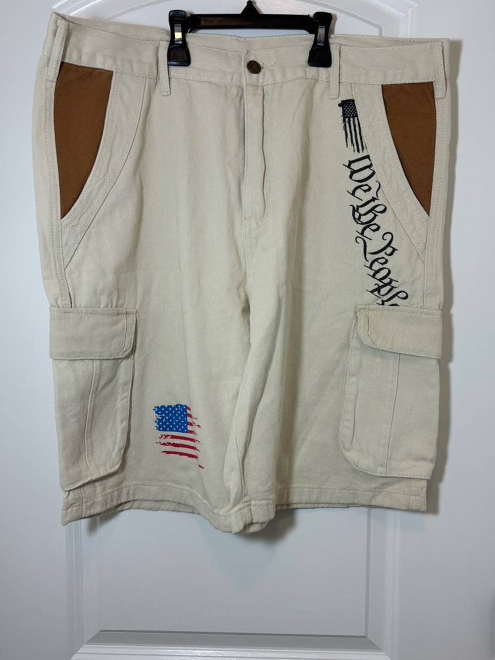 Men's Cream Cargo Shorts with American Flag Detail #198